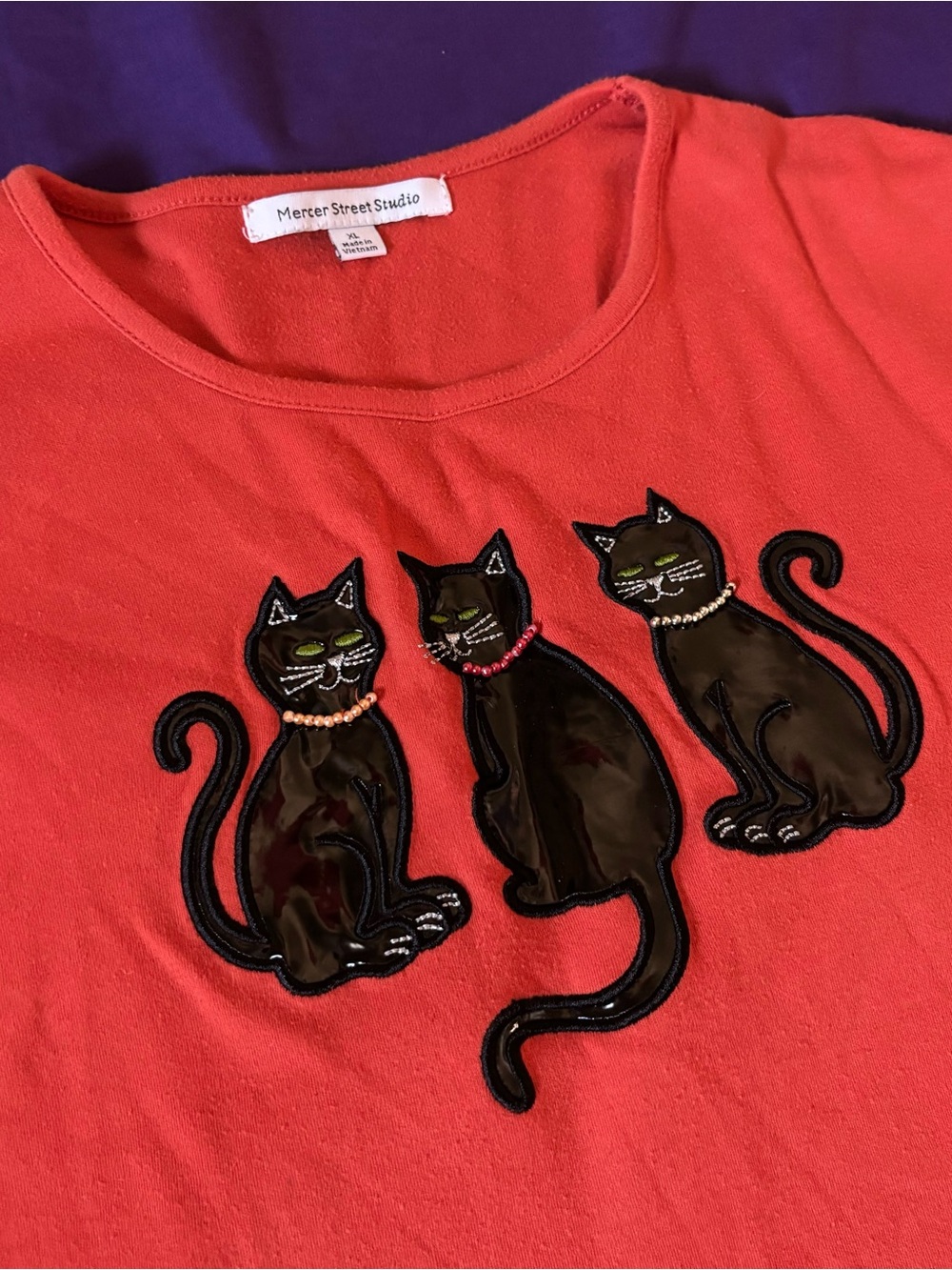 Mercer Street Studio Three Black Cats Appliqué Halloween Orange LongSleeve Shirt